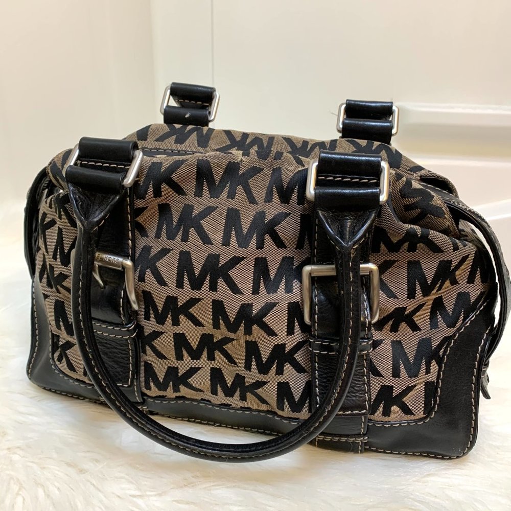 SOLD! MICHAEL KORS Black & White Signature Canvas Buckle-Trimmed Satchel - Picture 3 of 13
